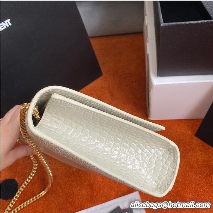 Discount Yves Saint Laurent KATE CHAIN WALLET WITH TASSEL IN CROCODILE-EMBOSSED SHINY LEATHER 452159 WHITE