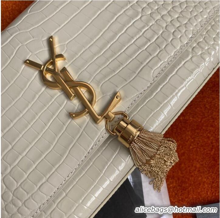 Discount Yves Saint Laurent KATE CHAIN WALLET WITH TASSEL IN CROCODILE-EMBOSSED SHINY LEATHER 452159 WHITE