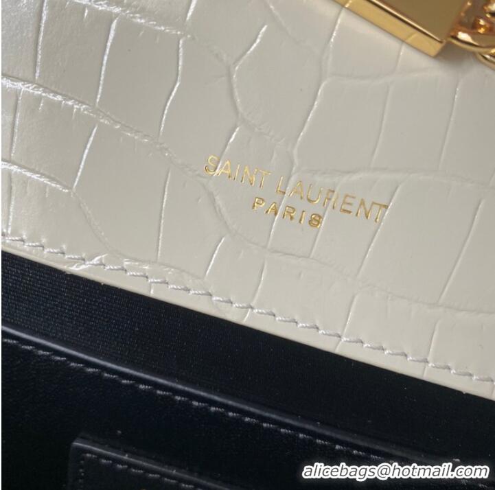 Discount Yves Saint Laurent KATE CHAIN WALLET WITH TASSEL IN CROCODILE-EMBOSSED SHINY LEATHER 452159 WHITE