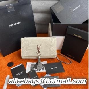 Top Quality Yves Saint Laurent KATE CHAIN WALLET WITH TASSEL IN CROCODILE-EMBOSSED SHINY LEATHER 452159B WHITE