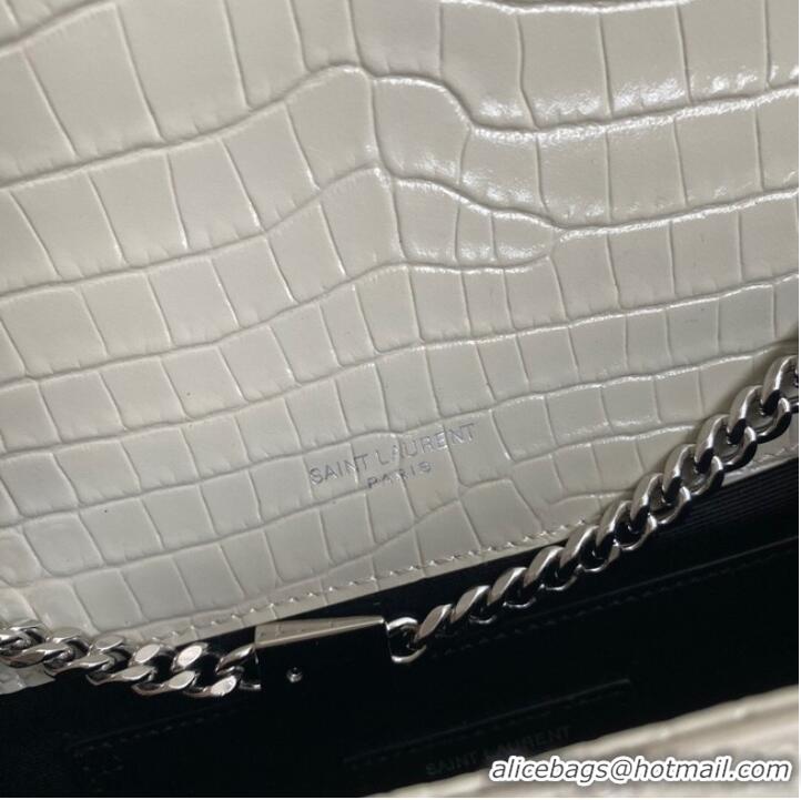 Top Quality Yves Saint Laurent KATE CHAIN WALLET WITH TASSEL IN CROCODILE-EMBOSSED SHINY LEATHER 452159B WHITE