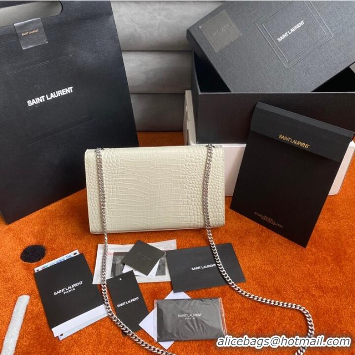 Top Quality Yves Saint Laurent KATE CHAIN WALLET WITH TASSEL IN CROCODILE-EMBOSSED SHINY LEATHER 452159B WHITE