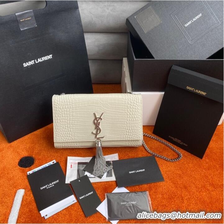 Top Quality Yves Saint Laurent KATE CHAIN WALLET WITH TASSEL IN CROCODILE-EMBOSSED SHINY LEATHER 452159B WHITE