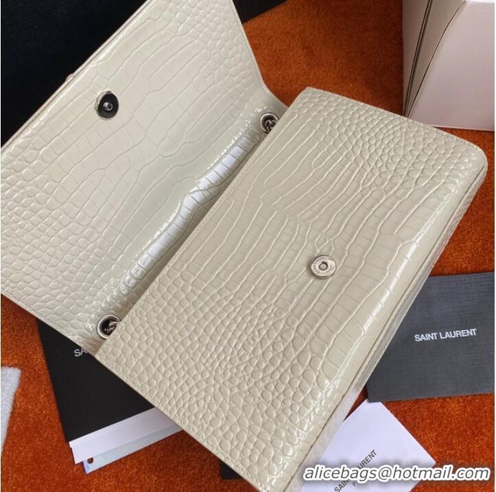 Top Quality Yves Saint Laurent KATE CHAIN WALLET WITH TASSEL IN CROCODILE-EMBOSSED SHINY LEATHER 452159B WHITE