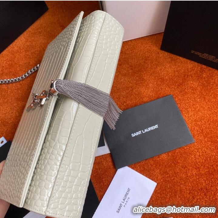 Top Quality Yves Saint Laurent KATE CHAIN WALLET WITH TASSEL IN CROCODILE-EMBOSSED SHINY LEATHER 452159B WHITE