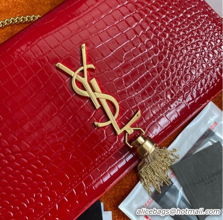 Cheapest Yves Saint Laurent KATE CHAIN WALLET WITH TASSEL IN CROCODILE-EMBOSSED SHINY LEATHER 452159 red