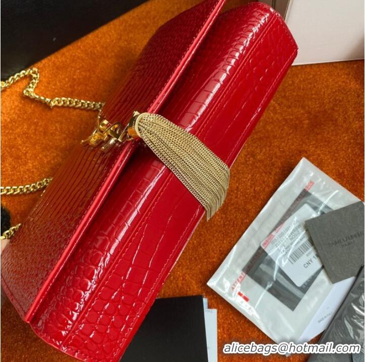 Cheapest Yves Saint Laurent KATE CHAIN WALLET WITH TASSEL IN CROCODILE-EMBOSSED SHINY LEATHER 452159 red