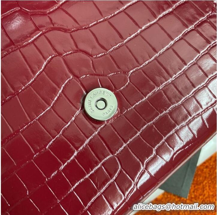 Low Cost Yves Saint Laurent KATE CHAIN WALLET WITH TASSEL IN CROCODILE-EMBOSSED SHINY LEATHER 452159 Burgundy