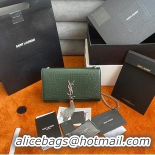 Top Grade Yves Saint Laurent KATE CHAIN WALLET WITH TASSEL IN CROCODILE-EMBOSSED SHINY LEATHER 452159B blackish green