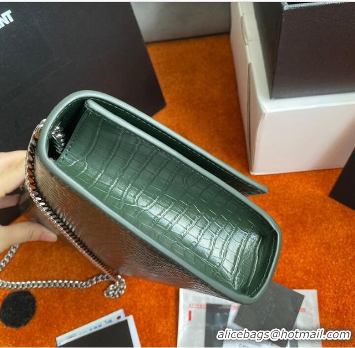 Top Grade Yves Saint Laurent KATE CHAIN WALLET WITH TASSEL IN CROCODILE-EMBOSSED SHINY LEATHER 452159B blackish green