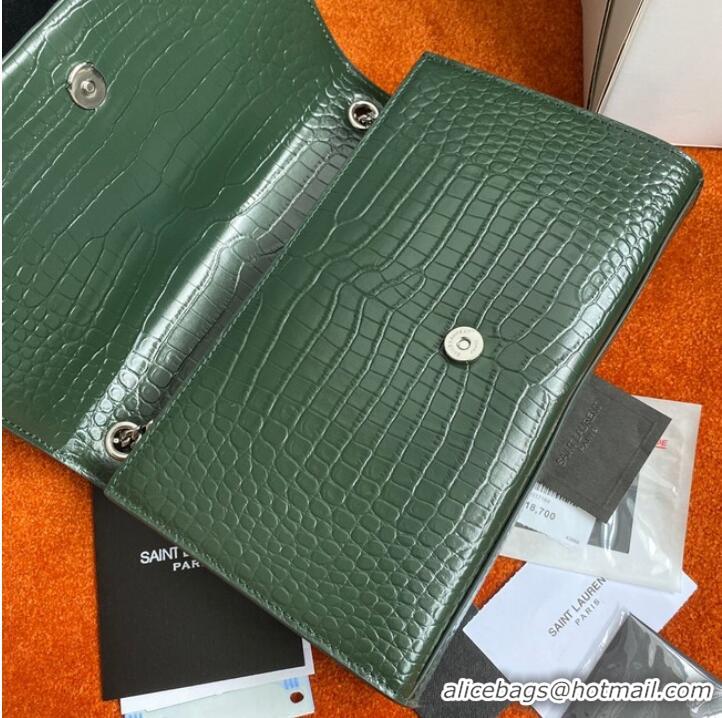 Top Grade Yves Saint Laurent KATE CHAIN WALLET WITH TASSEL IN CROCODILE-EMBOSSED SHINY LEATHER 452159B blackish green