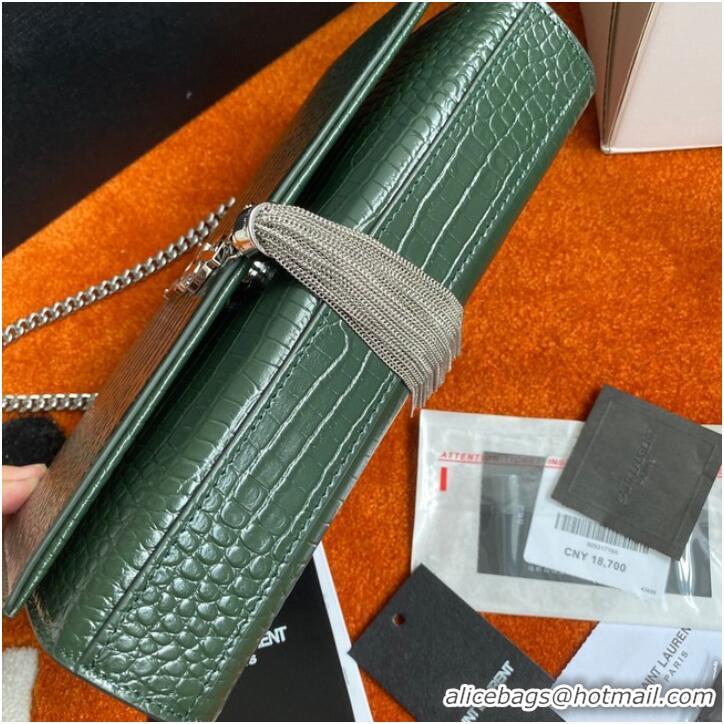 Top Grade Yves Saint Laurent KATE CHAIN WALLET WITH TASSEL IN CROCODILE-EMBOSSED SHINY LEATHER 452159B blackish green