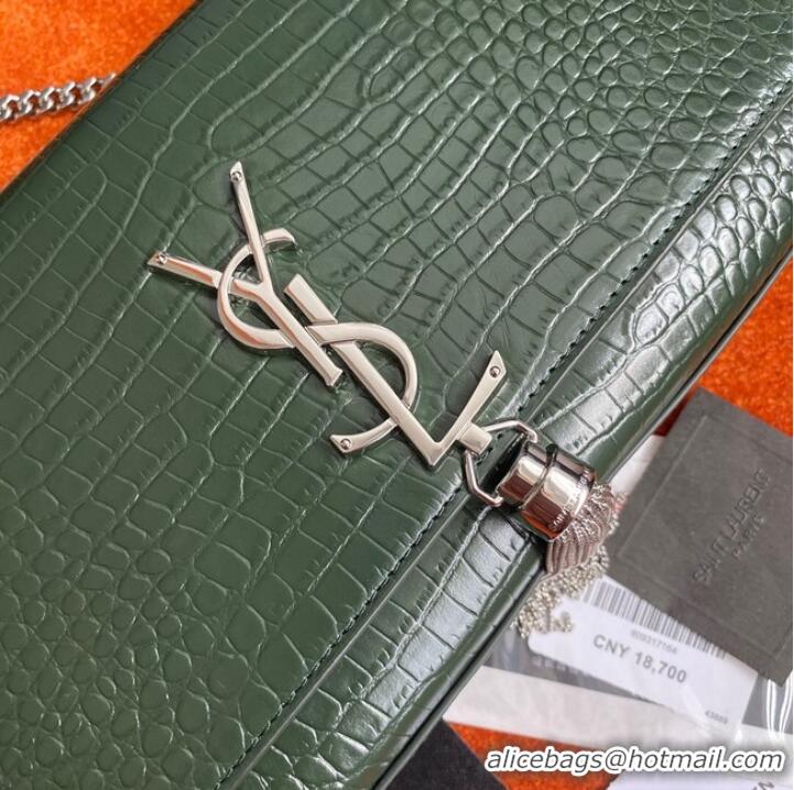 Top Grade Yves Saint Laurent KATE CHAIN WALLET WITH TASSEL IN CROCODILE-EMBOSSED SHINY LEATHER 452159B blackish green