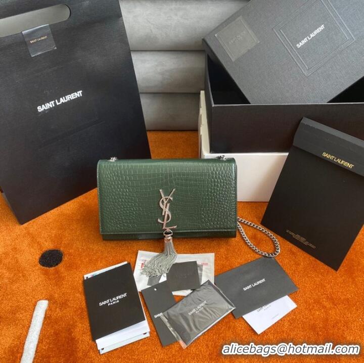 Top Grade Yves Saint Laurent KATE CHAIN WALLET WITH TASSEL IN CROCODILE-EMBOSSED SHINY LEATHER 452159B blackish green