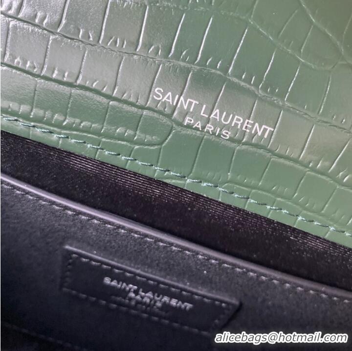 Top Grade Yves Saint Laurent KATE CHAIN WALLET WITH TASSEL IN CROCODILE-EMBOSSED SHINY LEATHER 452159B blackish green