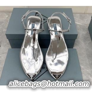 Good Looking Prada Patent Leather Flat Thong Sandals Silver 042732