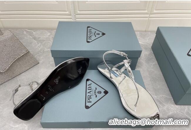 Good Looking Prada Patent Leather Flat Thong Sandals Silver 042732