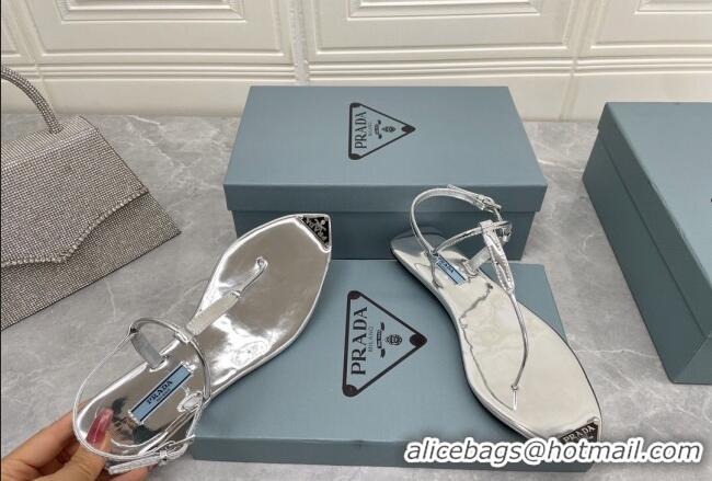 Good Looking Prada Patent Leather Flat Thong Sandals Silver 042732