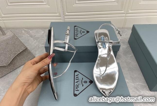 Good Looking Prada Patent Leather Flat Thong Sandals Silver 042732