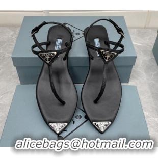 Charming Prada Patent Leather Flat Thong Sandals Black 042734