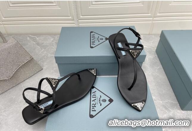 Charming Prada Patent Leather Flat Thong Sandals Black 042734