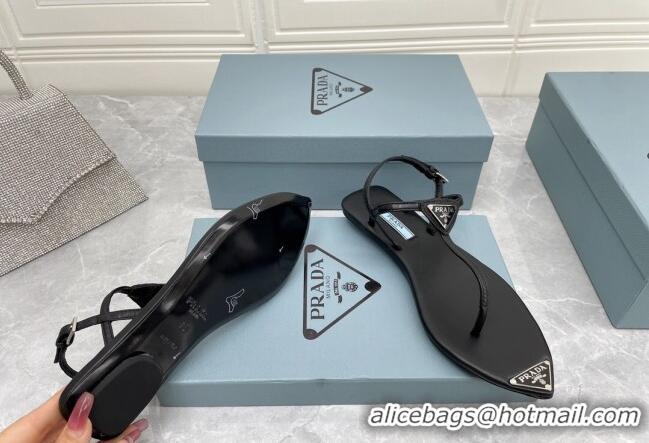 Charming Prada Patent Leather Flat Thong Sandals Black 042734