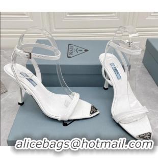 Sumptuous Prada Embossed Leather Sandals 9cm with Metal Logo White 042735