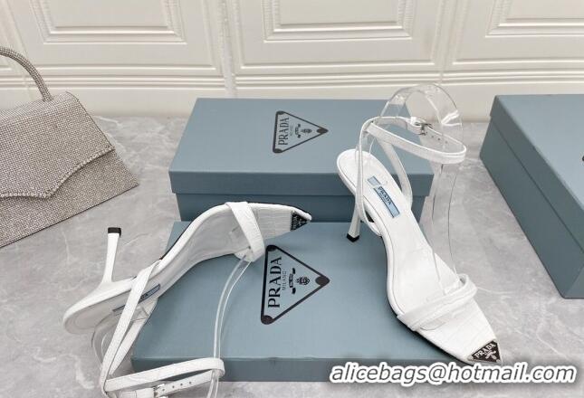 Sumptuous Prada Embossed Leather Sandals 9cm with Metal Logo White 042735