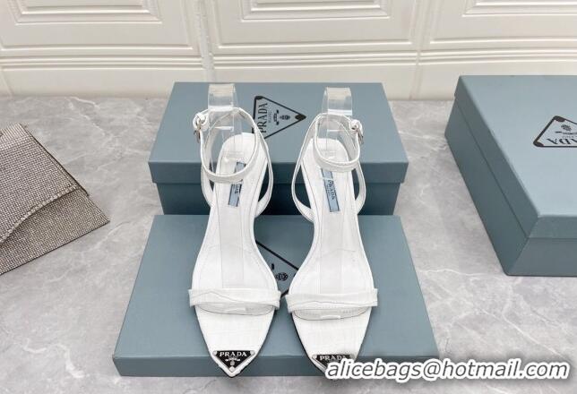 Sumptuous Prada Embossed Leather Sandals 9cm with Metal Logo White 042735