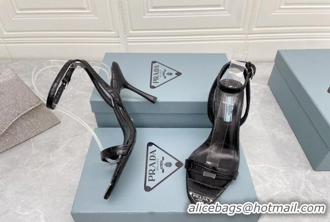 Luxurious Prada Embossed Leather Sandals 9cm with Metal Logo Black 042736