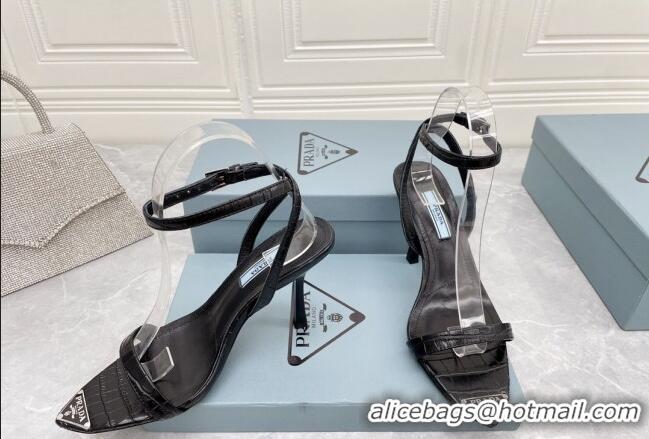 Luxurious Prada Embossed Leather Sandals 9cm with Metal Logo Black 042736