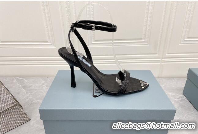 Luxurious Prada Embossed Leather Sandals 9cm with Metal Logo Black 042736