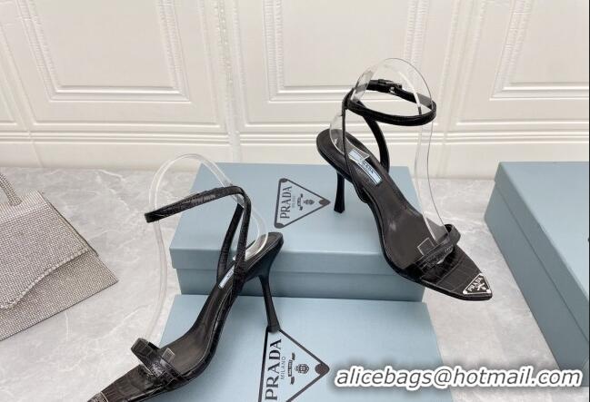 Luxurious Prada Embossed Leather Sandals 9cm with Metal Logo Black 042736