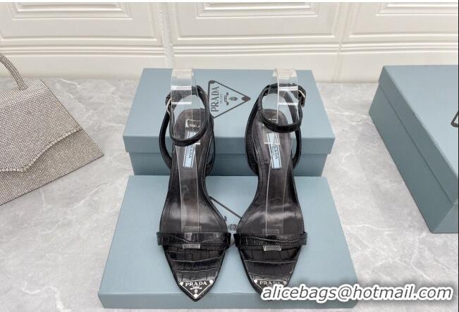 Luxurious Prada Embossed Leather Sandals 9cm with Metal Logo Black 042736