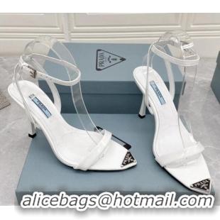 Classic Hot Prada Calfskin Sandals 9cm with Metal Logo White 042737