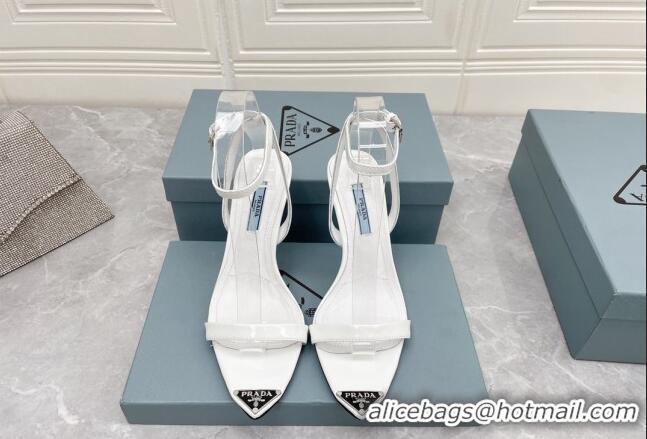 Classic Hot Prada Calfskin Sandals 9cm with Metal Logo White 042737