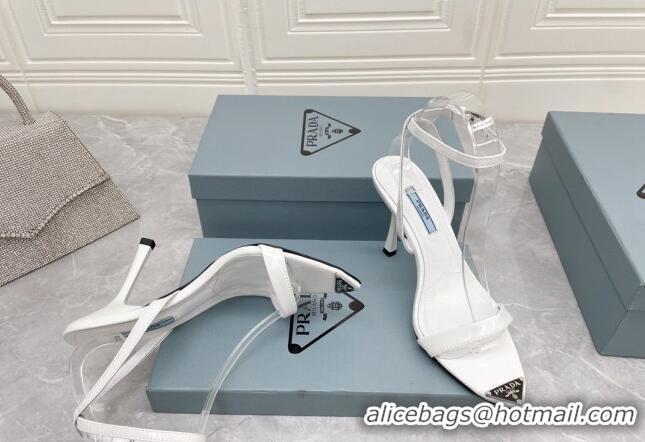 Classic Hot Prada Calfskin Sandals 9cm with Metal Logo White 042737