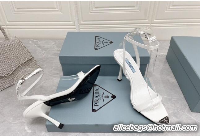 Classic Hot Prada Calfskin Sandals 9cm with Metal Logo White 042737