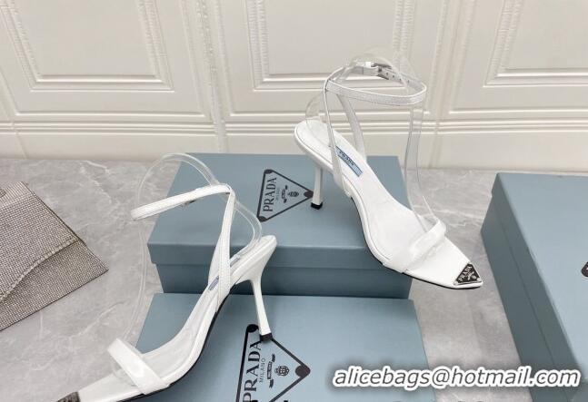 Classic Hot Prada Calfskin Sandals 9cm with Metal Logo White 042737