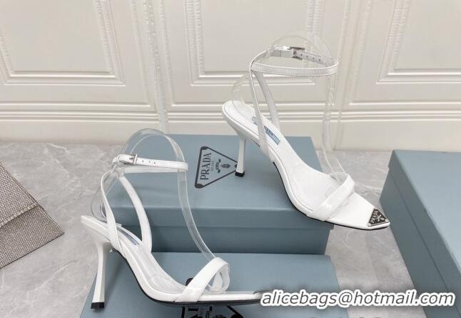 Classic Hot Prada Calfskin Sandals 9cm with Metal Logo White 042737