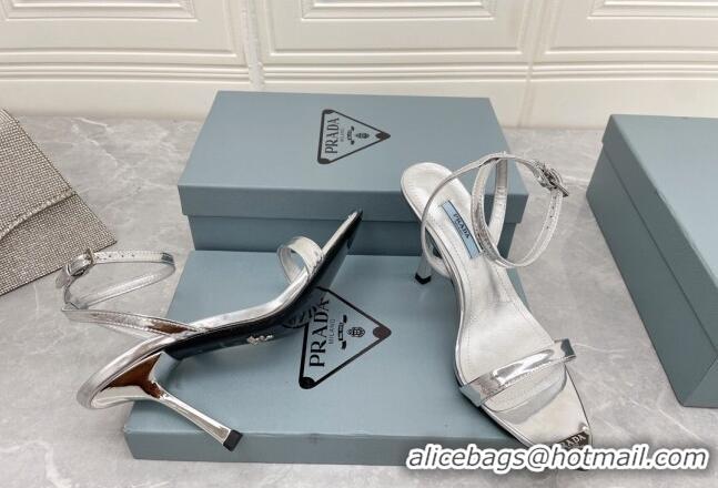 Original Cheap Prada Calfskin Sandals 9cm with Metal Logo Silver 042738