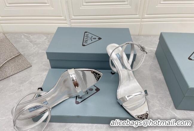 Original Cheap Prada Calfskin Sandals 9cm with Metal Logo Silver 042738