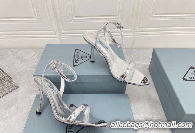 Original Cheap Prada Calfskin Sandals 9cm with Metal Logo Silver 042738