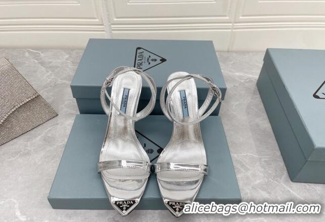 Original Cheap Prada Calfskin Sandals 9cm with Metal Logo Silver 042738