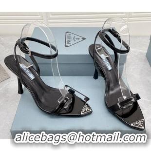 Low Cost Prada Calfskin Sandals 9cm with Metal Logo Black 042739