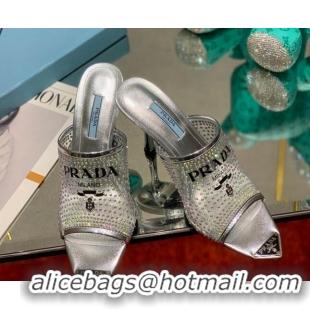 Feminine Prada TPU High Heel Mules 10cm with Crystal Studs Silver 042741