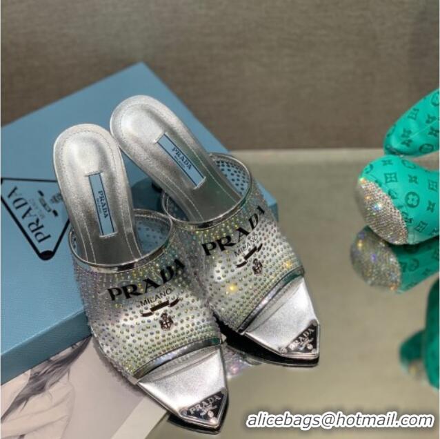 Feminine Prada TPU High Heel Mules 10cm with Crystal Studs Silver 042741