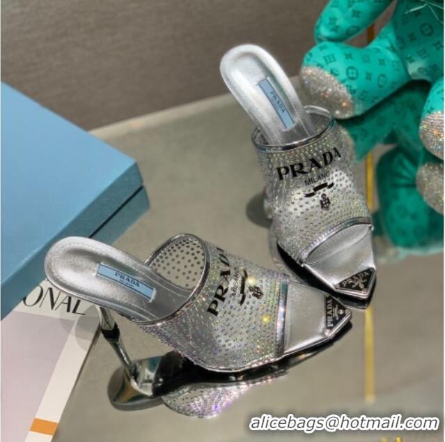 Feminine Prada TPU High Heel Mules 10cm with Crystal Studs Silver 042741