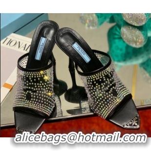 Grade Prada TPU High Heel Mules 10cm with Crystal Studs Black 042742