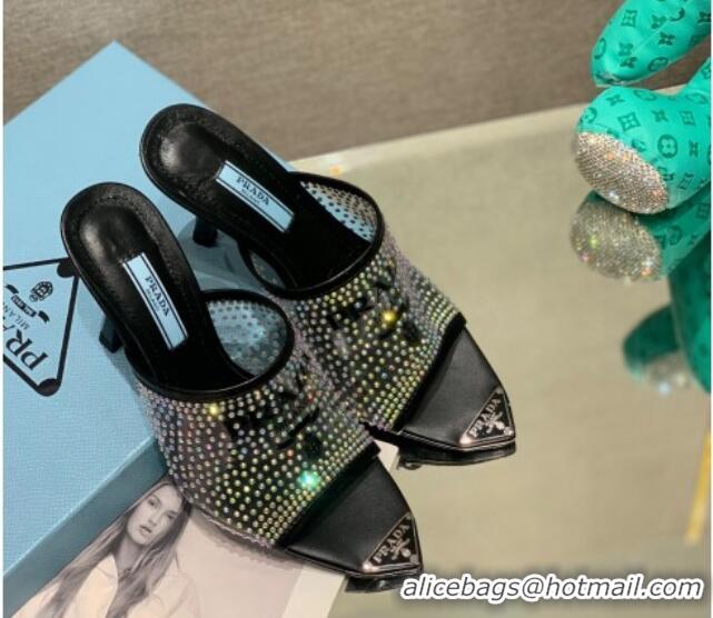 Grade Prada TPU High Heel Mules 10cm with Crystal Studs Black 042742